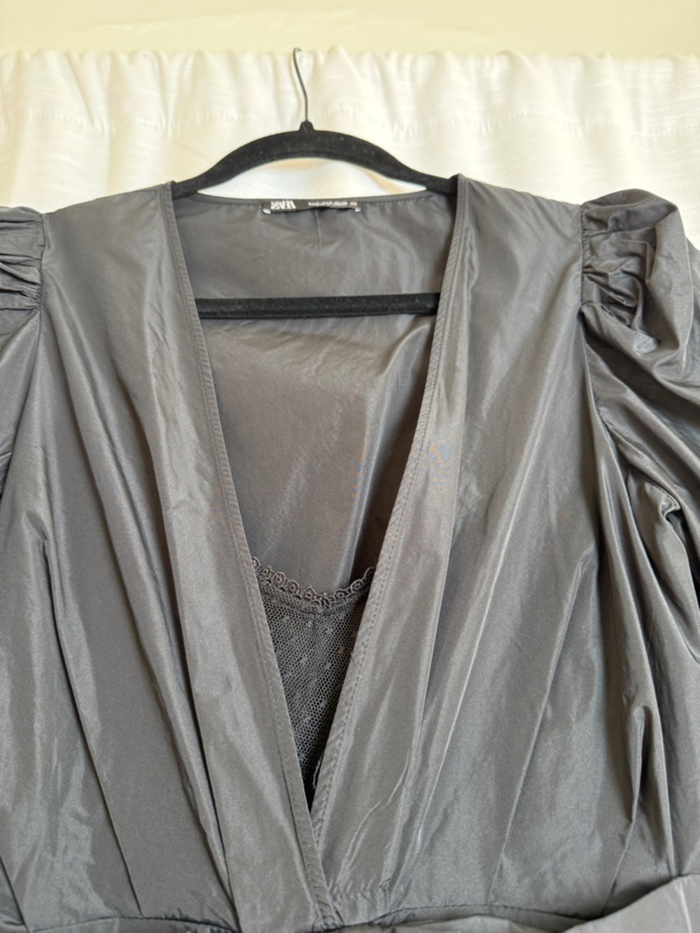 Zara Black Structured Bow Peplum Top Puff Sleeve Deep V Blouse Dressy | Size S - Picture 8 of 11